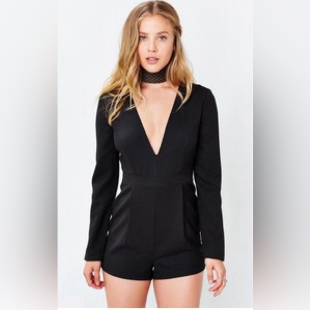 Urban Outfitters Goth Cocktail Party Black Deep V Neck Long Sleeve Romper Small